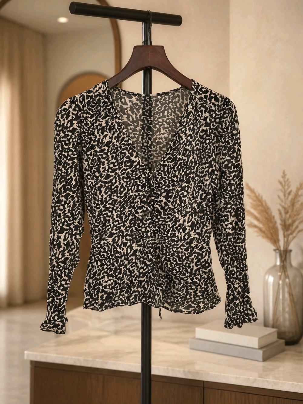 a new day Black & Cream Printed V-Neck Wrap Blouse